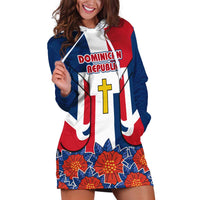 Dominican Republic Flag Hoodie Dress with Cross and Floral Design Red Blue Pattern - Wonder Print Shop