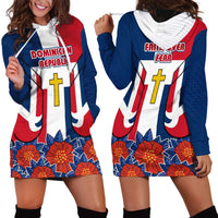 Dominican Republic Flag Hoodie Dress with Cross and Floral Design Red Blue Pattern - Wonder Print Shop