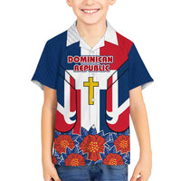 Dominican Republic Flag Kid Hawaiian Shirt with Cross and Floral Design Red Blue Pattern - Wonder Print Shop