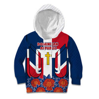 Dominican Republic Flag Kid Hoodie with Cross and Floral Design Red Blue Pattern - Wonder Print Shop