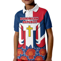 Dominican Republic Flag Kid Polo Shirt with Cross and Floral Design Red Blue Pattern - Wonder Print Shop