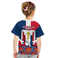 Dominican Republic Flag Kid T Shirt with Cross and Floral Design Red Blue Pattern - Wonder Print Shop