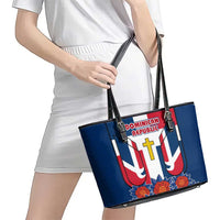 Dominican Republic Flag Leather Tote Bag with Cross and Floral Design Red Blue Pattern - Wonder Print Shop