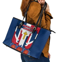 Dominican Republic Flag Leather Tote Bag with Cross and Floral Design Red Blue Pattern - Wonder Print Shop