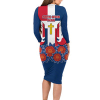 Dominican Republic Flag Long Sleeve Bodycon Dress with Cross and Floral Design Red Blue Pattern - Wonder Print Shop