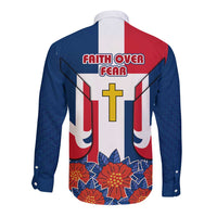 Dominican Republic Flag Long Sleeve Button Shirt with Cross and Floral Design Red Blue Pattern - Wonder Print Shop