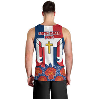 Dominican Republic Flag Men Tank Top with Cross and Floral Design Red Blue Pattern - Wonder Print Shop