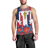 Dominican Republic Flag Men Tank Top with Cross and Floral Design Red Blue Pattern - Wonder Print Shop