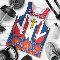 Dominican Republic Flag Men Tank Top with Cross and Floral Design Red Blue Pattern - Wonder Print Shop