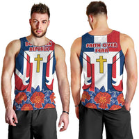 Dominican Republic Flag Men Tank Top with Cross and Floral Design Red Blue Pattern - Wonder Print Shop
