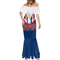 Dominican Republic Flag Mermaid Dress with Cross and Floral Design Red Blue Pattern - Wonder Print Shop