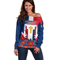 Dominican Republic Flag Off Shoulder Sweater with Cross and Floral Design Red Blue Pattern - Wonder Print Shop