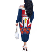 Dominican Republic Flag Off The Shoulder Long Sleeve Dress with Cross and Floral Design Red Blue Pattern - Wonder Print Shop