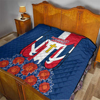 Dominican Republic Flag Quilt with Cross and Floral Design Red Blue Pattern - Wonder Print Shop