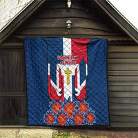 Dominican Republic Flag Quilt with Cross and Floral Design Red Blue Pattern - Wonder Print Shop