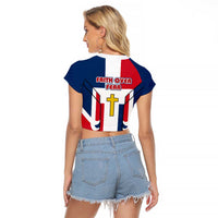 Dominican Republic Flag Raglan Cropped T Shirt with Cross and Floral Design Red Blue Pattern - Wonder Print Shop