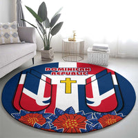 Dominican Republic Flag Round Carpet with Cross and Floral Design Red Blue Pattern - Wonder Print Shop