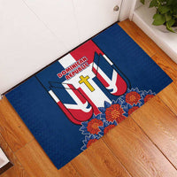 Dominican Republic Flag Rubber Doormat with Cross and Floral Design Red Blue Pattern - Wonder Print Shop