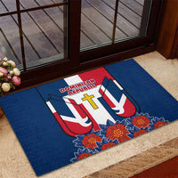 Dominican Republic Flag Rubber Doormat with Cross and Floral Design Red Blue Pattern - Wonder Print Shop