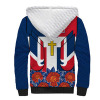 Dominican Republic Flag Sherpa Hoodie with Cross and Floral Design Red Blue Pattern - Wonder Print Shop