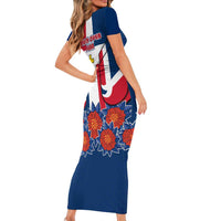 Dominican Republic Flag Short Sleeve Bodycon Dress with Cross and Floral Design Red Blue Pattern - Wonder Print Shop
