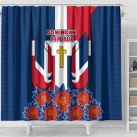 Dominican Republic Flag Shower Curtain with Cross and Floral Design Red Blue Pattern - Wonder Print Shop