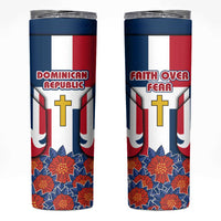 Dominican Republic Flag Skinny Tumbler with Cross and Floral Design Red Blue Pattern - Wonder Print Shop