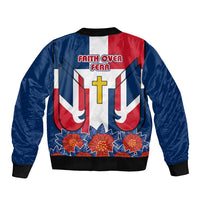 Dominican Republic Flag Sleeve Zip Bomber Jacket with Cross and Floral Design Red Blue Pattern - Wonder Print Shop