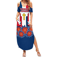 Dominican Republic Flag Summer Maxi Dress with Cross and Floral Design Red Blue Pattern - Wonder Print Shop