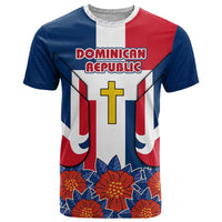 Dominican Republic Flag T Shirt with Cross and Floral Design Red Blue Pattern - Wonder Print Shop