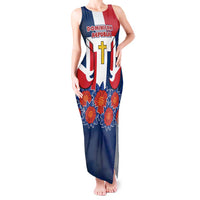 Dominican Republic Flag Tank Maxi Dress with Cross and Floral Design Red Blue Pattern - Wonder Print Shop