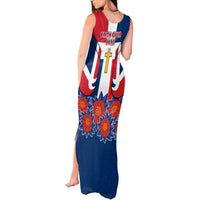 Dominican Republic Flag Tank Maxi Dress with Cross and Floral Design Red Blue Pattern - Wonder Print Shop