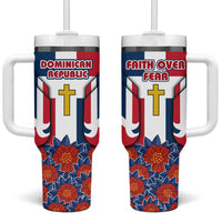Dominican Republic Flag Tumbler With Handle with Cross and Floral Design Red Blue Pattern - Wonder Print Shop