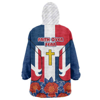 Dominican Republic Flag Wearable Blanket Hoodie with Cross and Floral Design Red Blue Pattern - Wonder Print Shop
