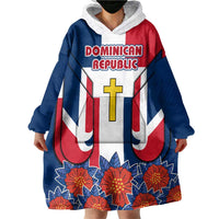 Dominican Republic Flag Wearable Blanket Hoodie with Cross and Floral Design Red Blue Pattern - Wonder Print Shop