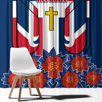 Dominican Republic Flag Window Curtain with Cross and Floral Design Red Blue Pattern - Wonder Print Shop