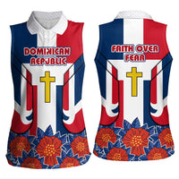 Dominican Republic Flag Women Sleeveless Polo Shirt with Cross and Floral Design Red Blue Pattern - Wonder Print Shop
