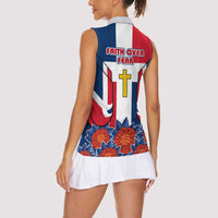 Dominican Republic Flag Women Sleeveless Polo Shirt with Cross and Floral Design Red Blue Pattern - Wonder Print Shop