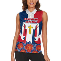 Dominican Republic Flag Women Sleeveless Polo Shirt with Cross and Floral Design Red Blue Pattern - Wonder Print Shop