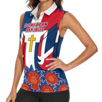 Dominican Republic Flag Women Sleeveless Polo Shirt with Cross and Floral Design Red Blue Pattern - Wonder Print Shop