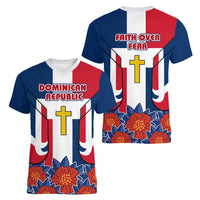 Dominican Republic Flag Women V-Neck T-Shirt with Cross and Floral Design Red Blue Pattern - Wonder Print Shop