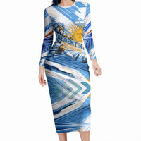 Personalized Argentina Football Champions Long Sleeve Bodycon Dress Sun Of May Lion Mascot - Style of King