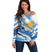 Personalized Argentina Football Champions Off Shoulder Sweater Sun Of May Lion Mascot - Style of King