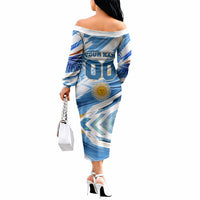 Personalized Argentina Football Champions Off The Shoulder Long Sleeve Dress Sun Of May Lion Mascot - Style of King