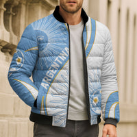 Personalized Argentina Football Fan Pride Bomber Puffer Jacket Sun Of May Motif With Distressed Textures And Waves