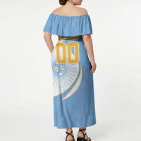 Personalized Argentina Football Fan Pride Off Shoulder Maxi Dress Sun Of May Motif With Distressed Textures And Waves