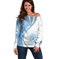Personalized Argentina Football Fan Pride Off Shoulder Sweater Sun Of May Motif With Distressed Textures And Waves