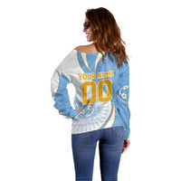 Personalized Argentina Football Fan Pride Off Shoulder Sweater Sun Of May Motif With Distressed Textures And Waves