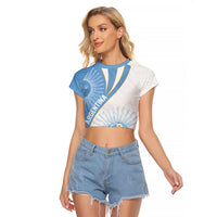 Personalized Argentina Football Fan Pride Raglan Cropped T Shirt Sun Of May Motif With Distressed Textures And Waves