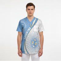 Personalized Argentina Football Fan Pride Scrub Top Sun Of May Motif With Distressed Textures And Waves